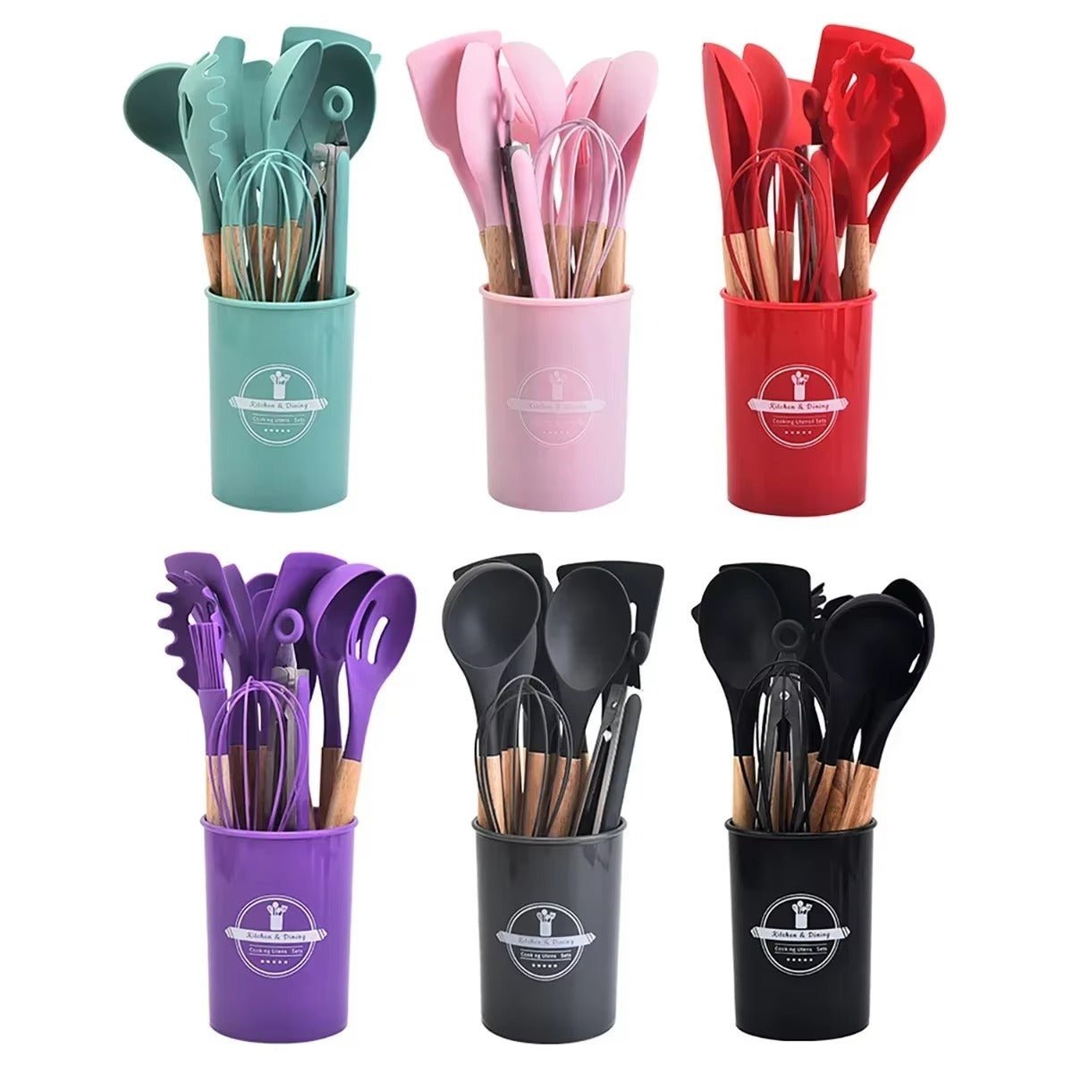12pcs Multi - Color Silicone Wooden Handle Kitchenware Set - QurexHub
