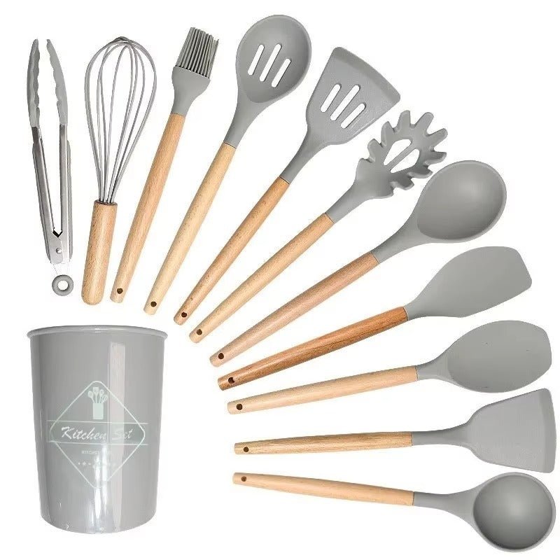 12pcs Multi - Color Silicone Wooden Handle Kitchenware Set - QurexHub
