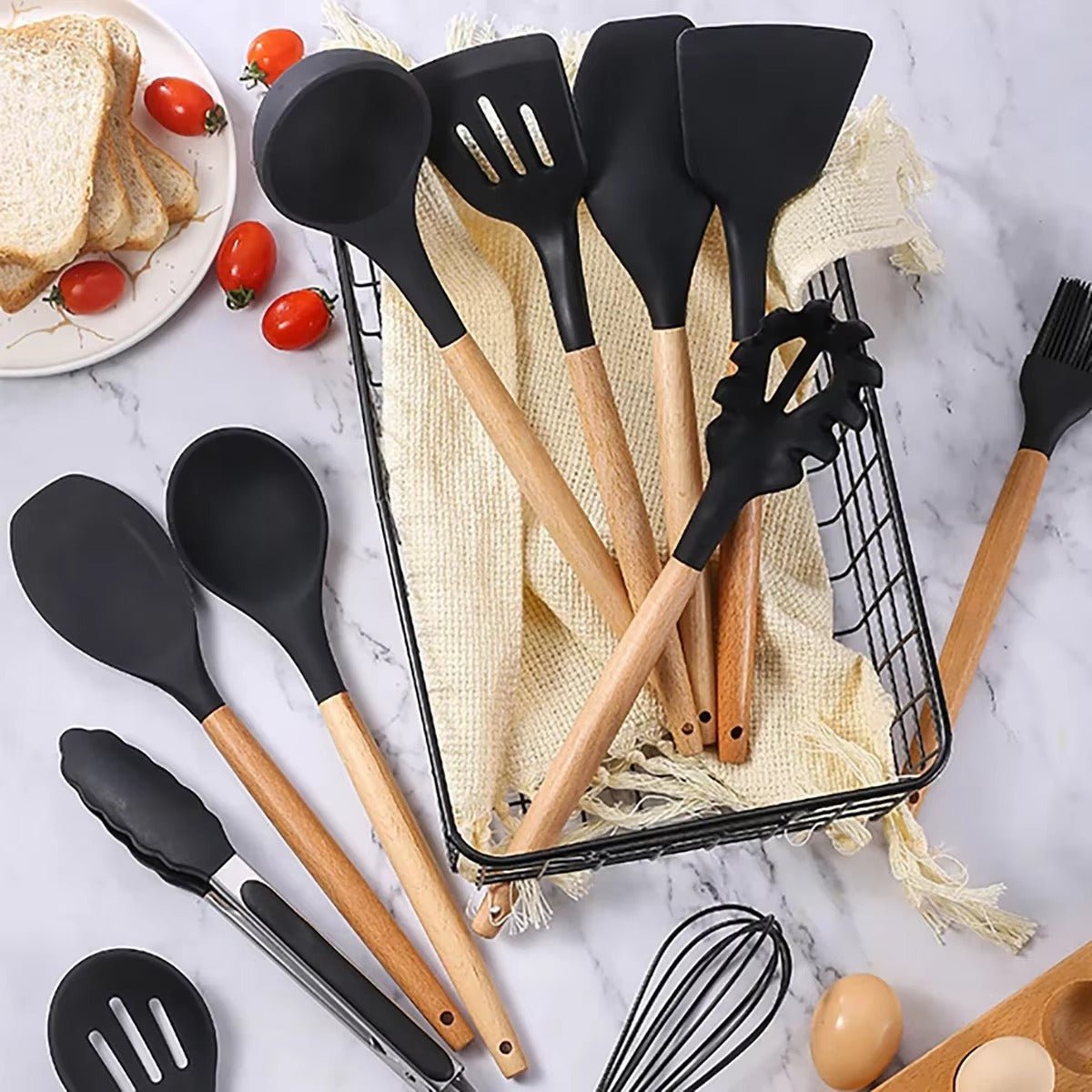 12pcs Multi - Color Silicone Wooden Handle Kitchenware Set - QurexHub